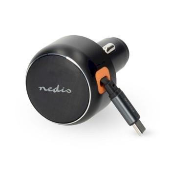 Autolader 30 W 2.4 / 3.0 A Outputs: 1 USB-C™ intrekbare kabel - Nedis