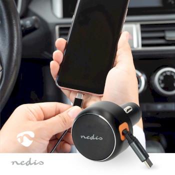 Autolader 30 W 2.4 / 3.0 A Outputs: 1 USB-C™ intrekbare kabel - Nedis