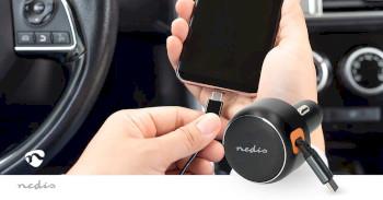 Autolader 30 W 2.4 / 3.0 A Outputs: 1 USB-C™ intrekbare kabel - Nedis
